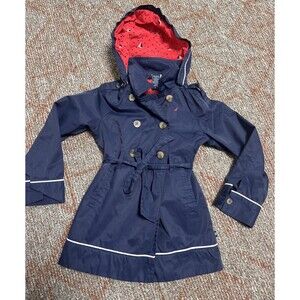NAUTICA Girls Button Front Hooded Trench Coat Jacket Vintage Blue/Red Size 6